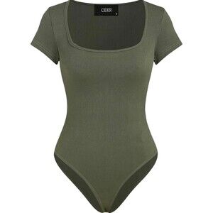 Cider Bodysuit Rib Knit Square Neck Blouse Top T Shirt Green S NWOT